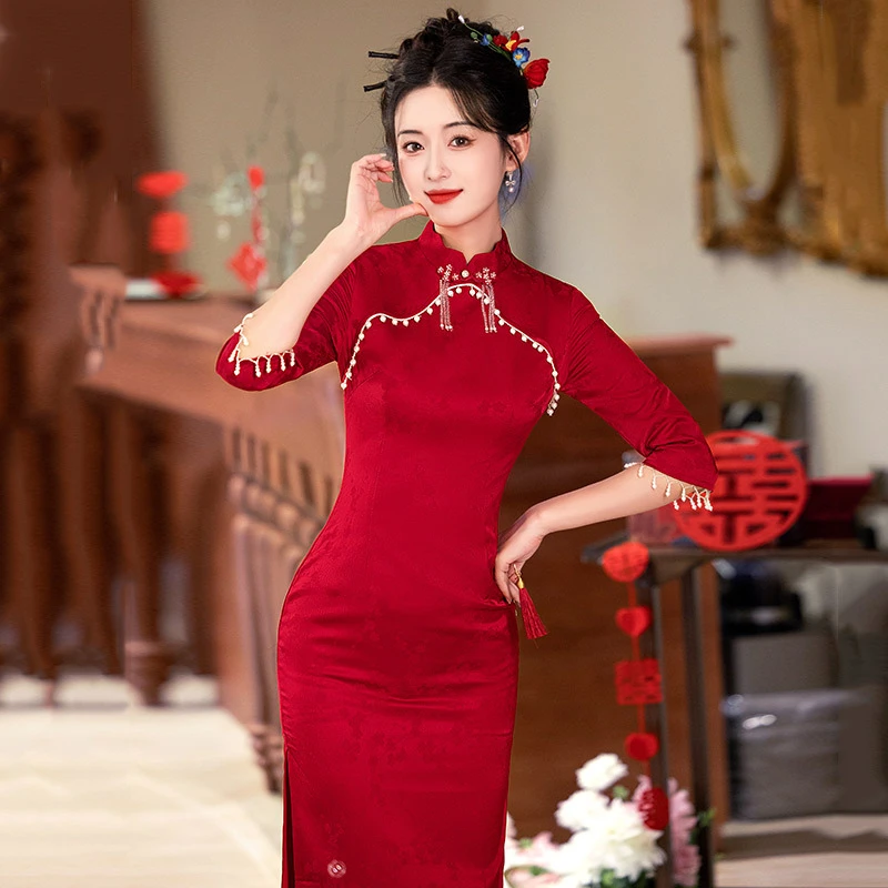 【云绕】红色新中式改良旗袍年复古修身中长袖新娘结婚敬酒服回门服