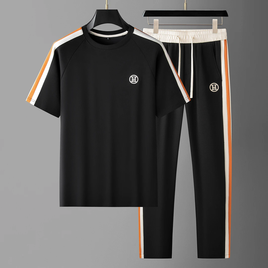 夏季高端时尚撞色拼接织带冰丝面膜空气层男士短袖休闲运动套装男