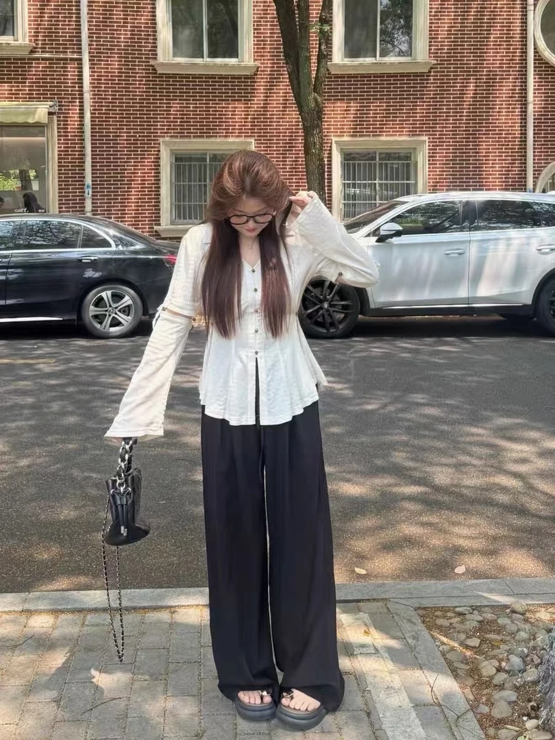 大码女装设计感长袖防晒收腰小衫夏季V领显瘦衬衫上衣胖mm