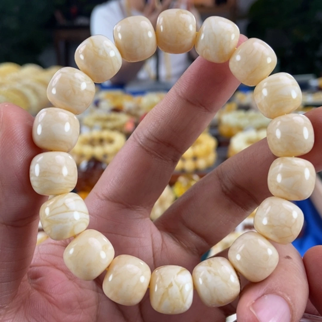 琥珀未镶嵌珠宝奇石13白蜡虎皮纹同料串24.34