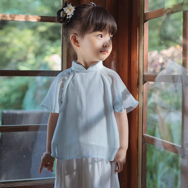 现货【海盐】SC349女童夏季新中式休闲短袖上衣裤裙套装