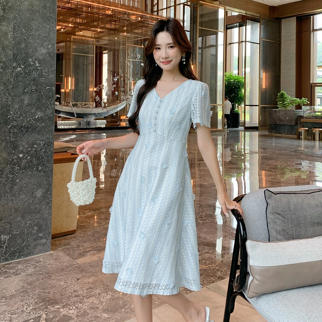 奢姿大码女装2025夏季时尚V领短袖连衣裙胖妹妹气质减龄裙子