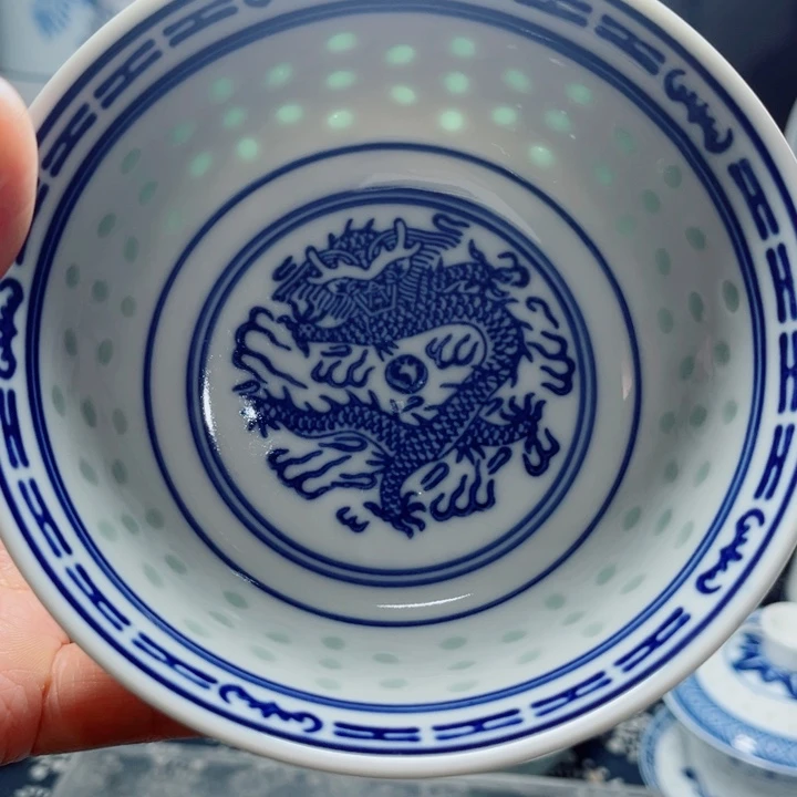 青花玲珑5寸饭碗龙纹