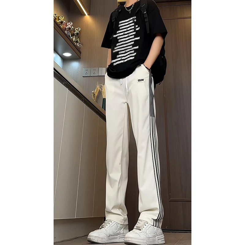 美式条纹速干冰丝裤男直筒青少年夏季薄款裤子加长款白色运动卫裤