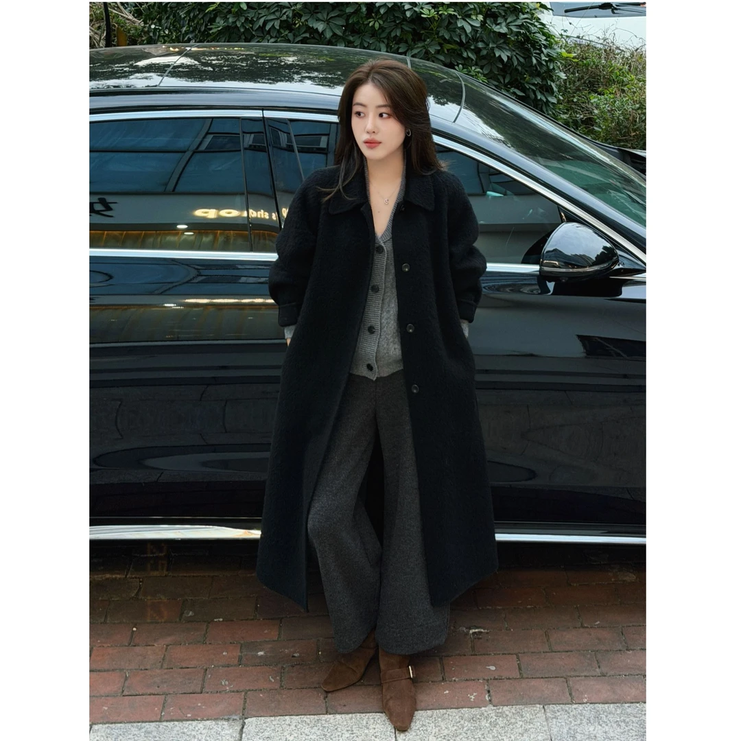 高品翻领长款双面苏力手工大衣