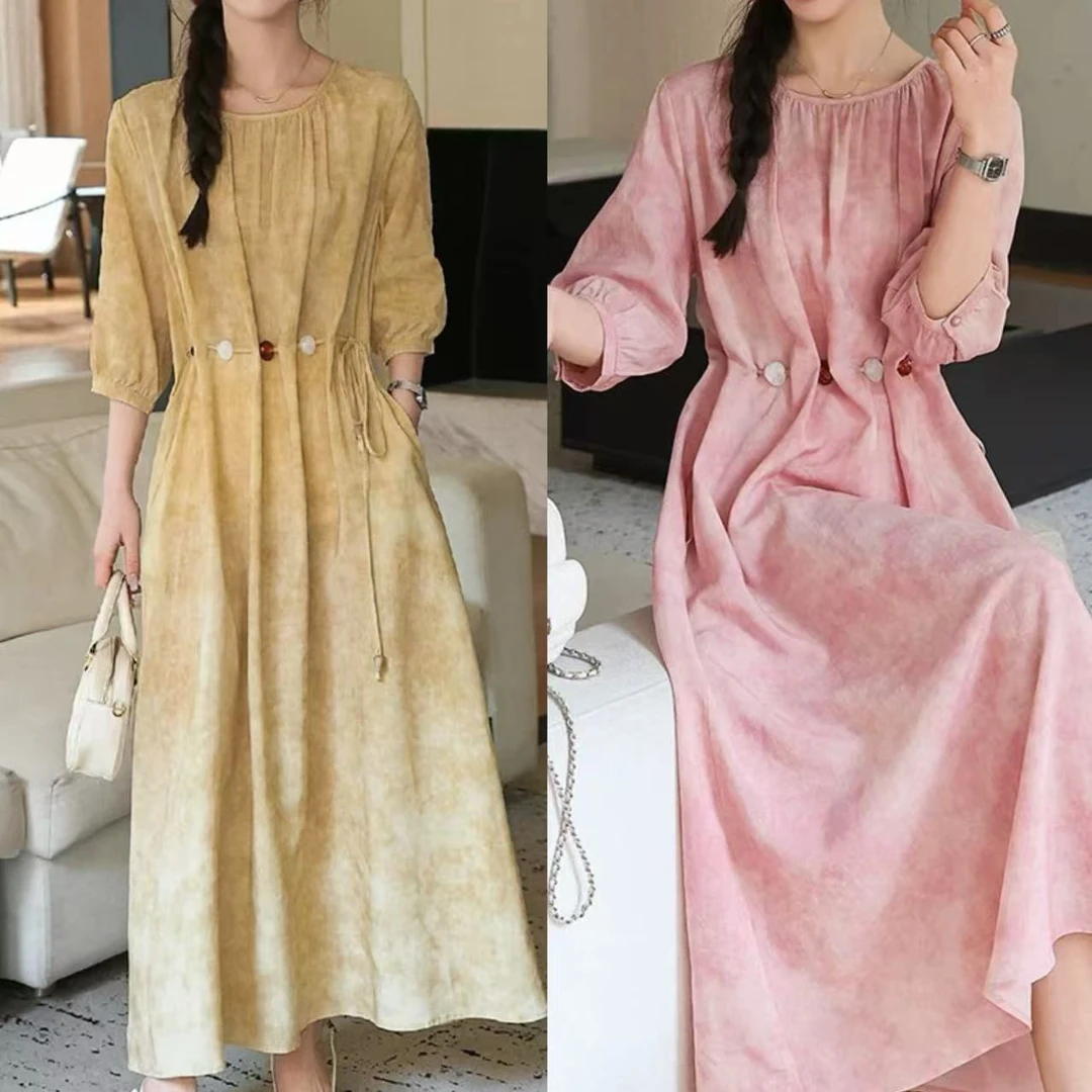 YJ S胸114长122复古晕染收腰重工简约长袖防晒大版连衣裙 9836