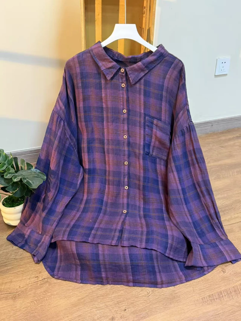 【云目悠悠】夏季薄款女士长袖立领百搭防晒格子衬衫-2025738