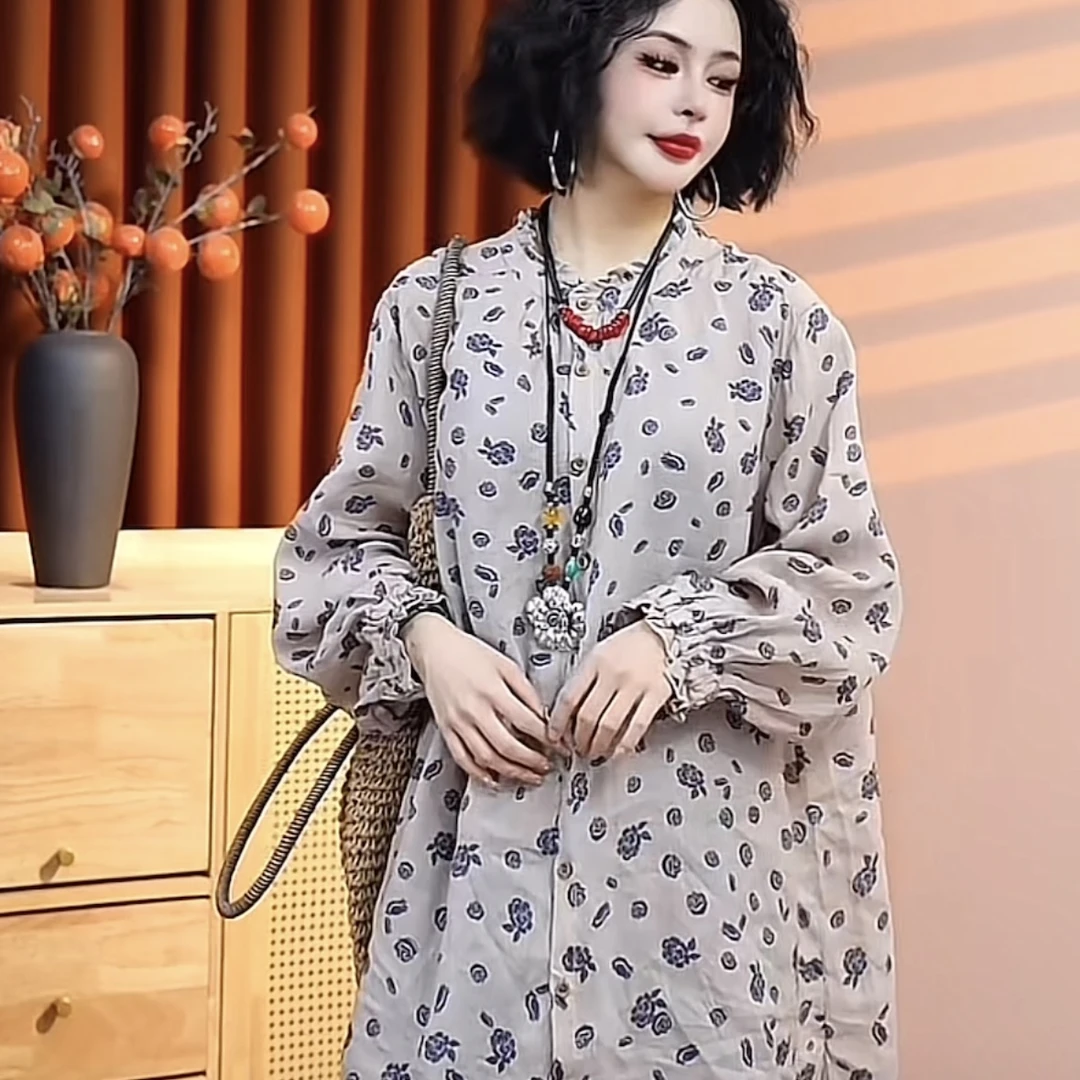 【乔一推荐】2025春季新款复古国风宽松苎麻中长款女上衣25987