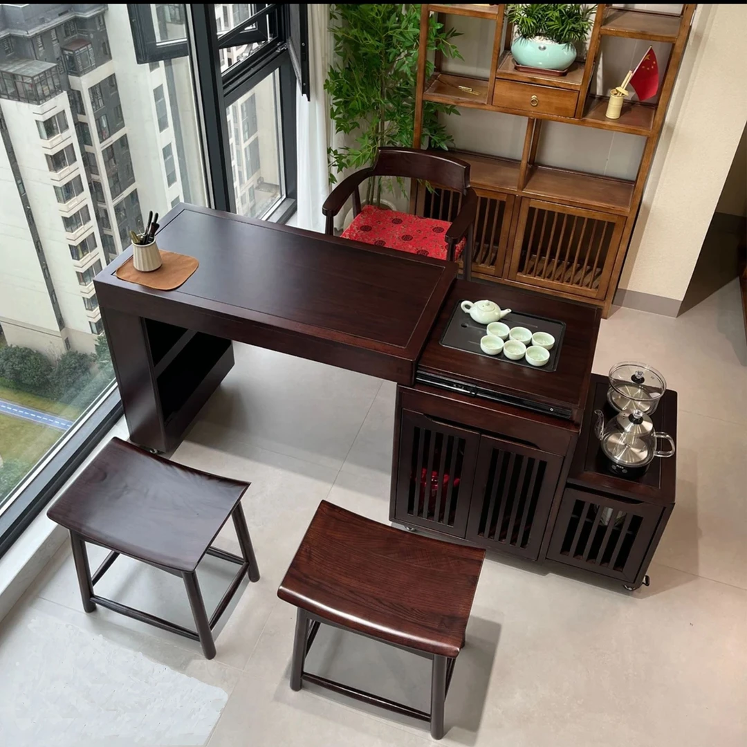 乌金木实木阳台小茶桌旋转茶桌伸缩茶桌实木插座带配套凳子茶具