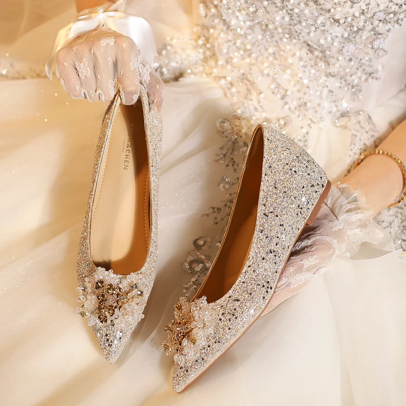 内增高香槟色婚鞋新娘鞋2025年新款金色订婚低跟百搭单鞋34-40