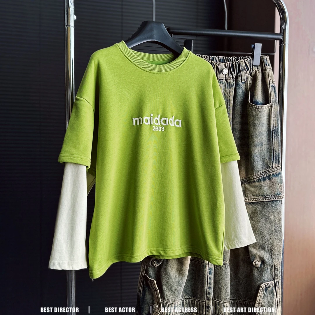 5C022童装2025春秋季假两件儿童长袖T恤百搭港风韩版男童帅气上衣