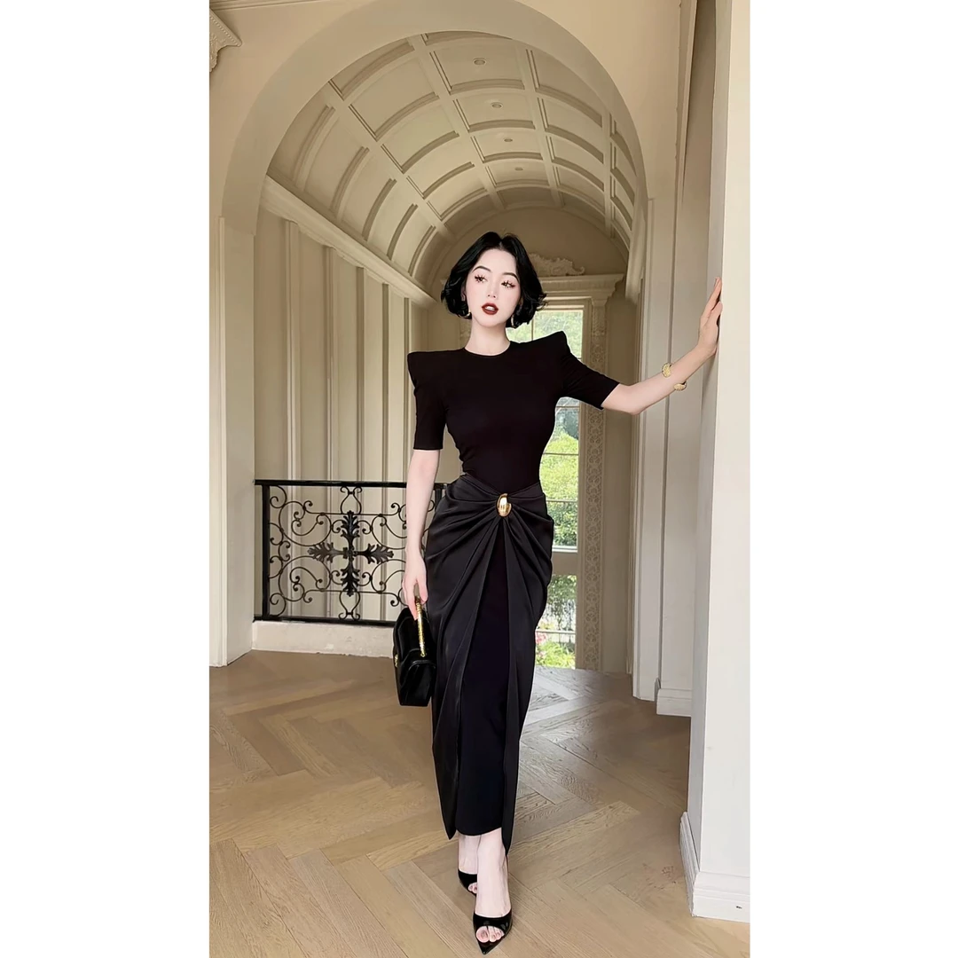 LYXJ【马尔菲海岸】针织高级定制小众设计拼接褶皱收腰连衣裙12370