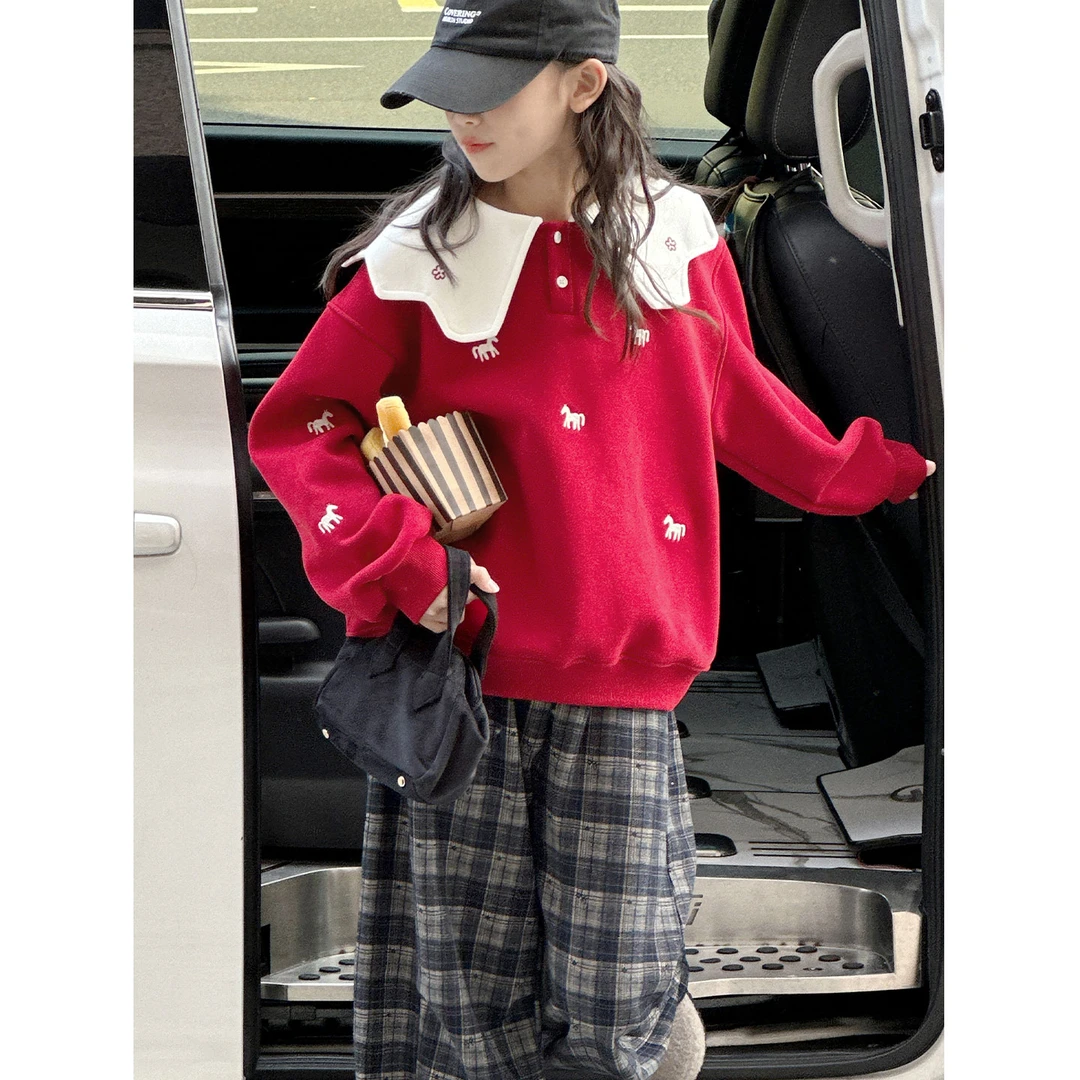 K30386孙小美甜美娃娃领女童加绒卫衣2025新款秋冬装儿童加厚上衣