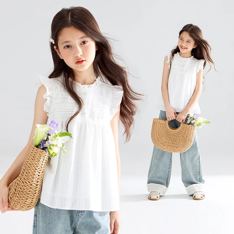 MUCMUKN木可童装全棉浮雕条纹镂空小飞袖衬衫短袖女童夏M52XC3851