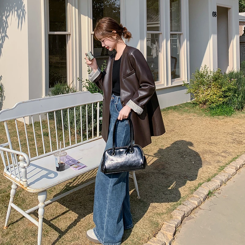 美拉德复古气质无领皮衣西装外套女2025春季新款御姐风高级感上衣