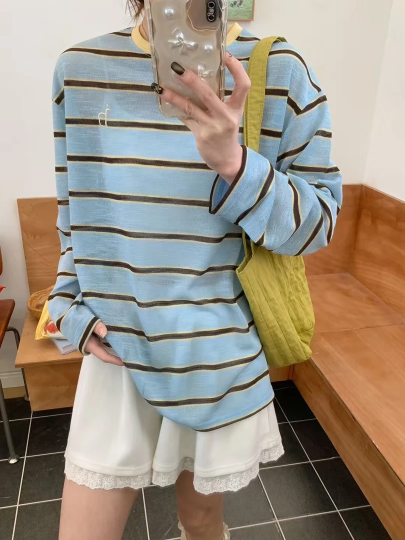 2025夏季新款韩系设计感小众休闲度假风简约宽松长袖条纹t恤