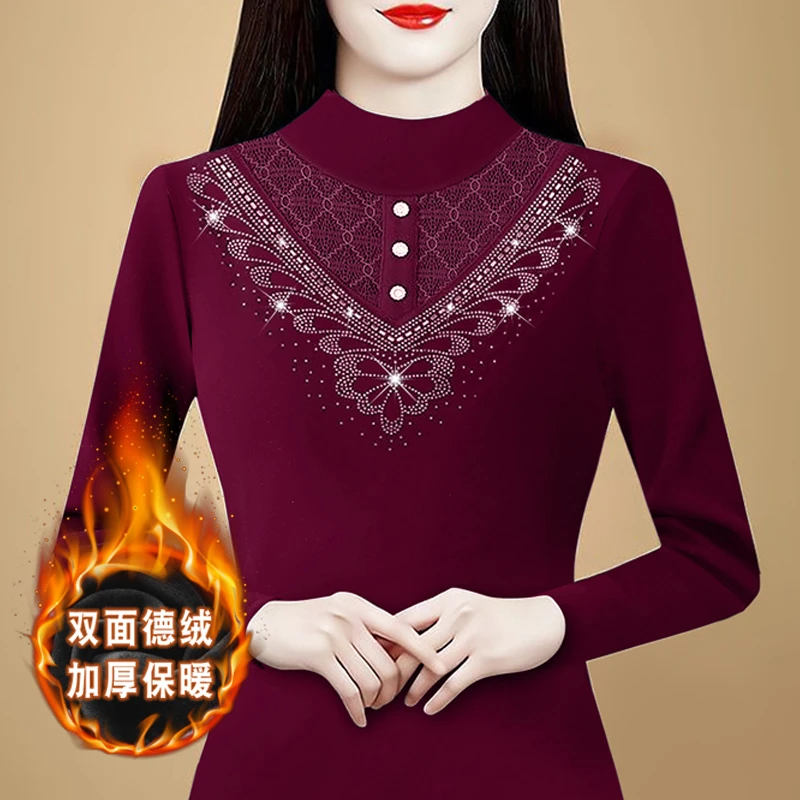 实拍2025秋冬新款双面德绒拼接蕾丝烫钻女长袖半高领大码内搭上衣