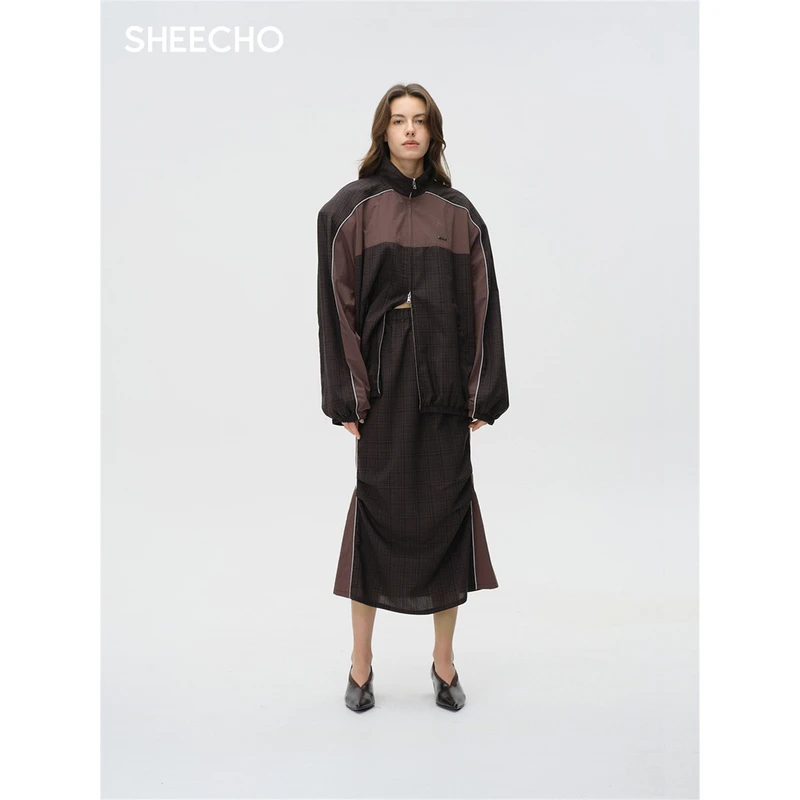 ASYUS设计师品牌25PF早秋撞色细格纹拉链运动夹克女上衣SHEECHO