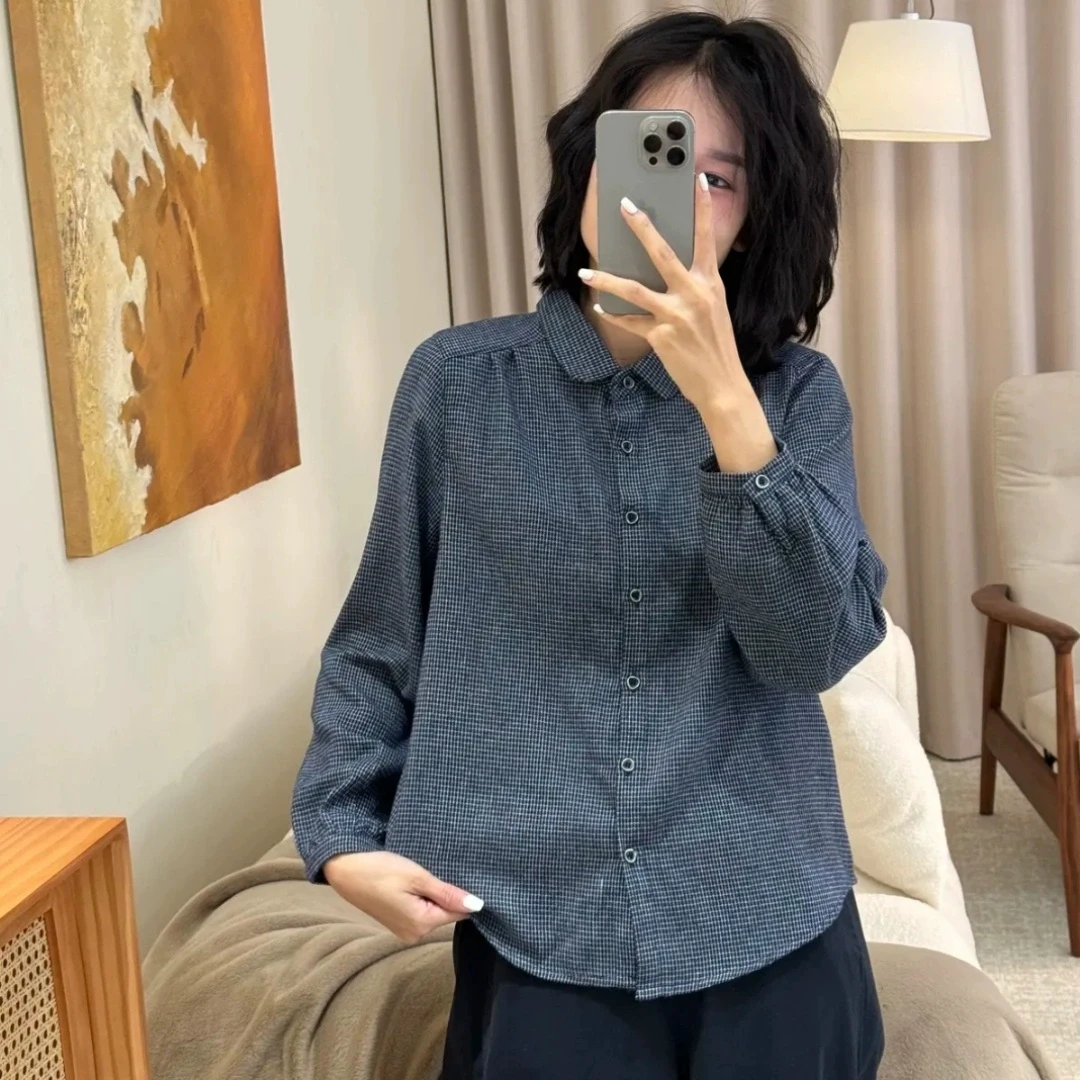 宽松显瘦简约复古休闲百搭上衣女春秋新款纯棉Polo领长袖格子衬衫