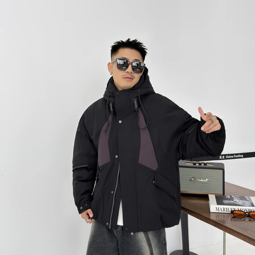 潮牌工装风连帽棉衣冬季加厚保暖拼色情侣款棉服宽松拉链夹棉外套