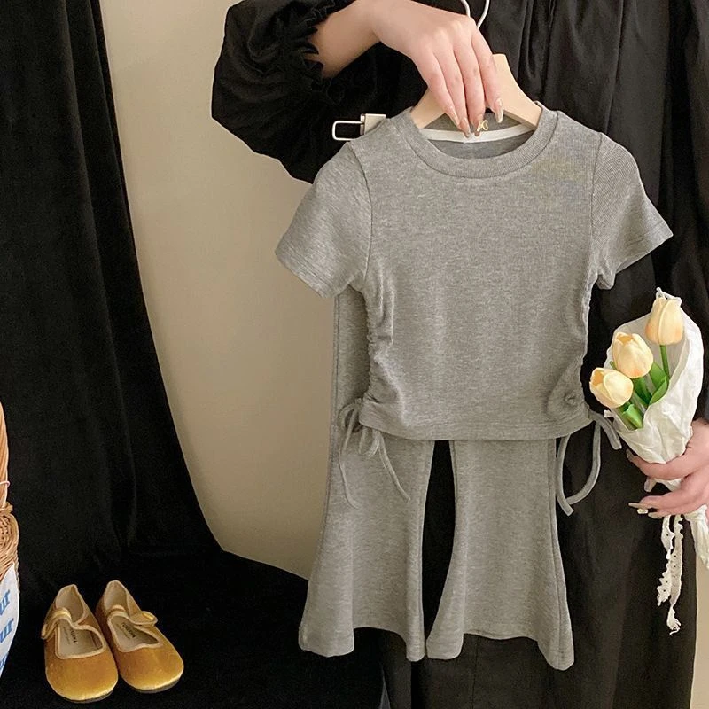 女童夏装喇叭裤复古套装2025新款中小童洋气时髦薄款休闲两件套潮