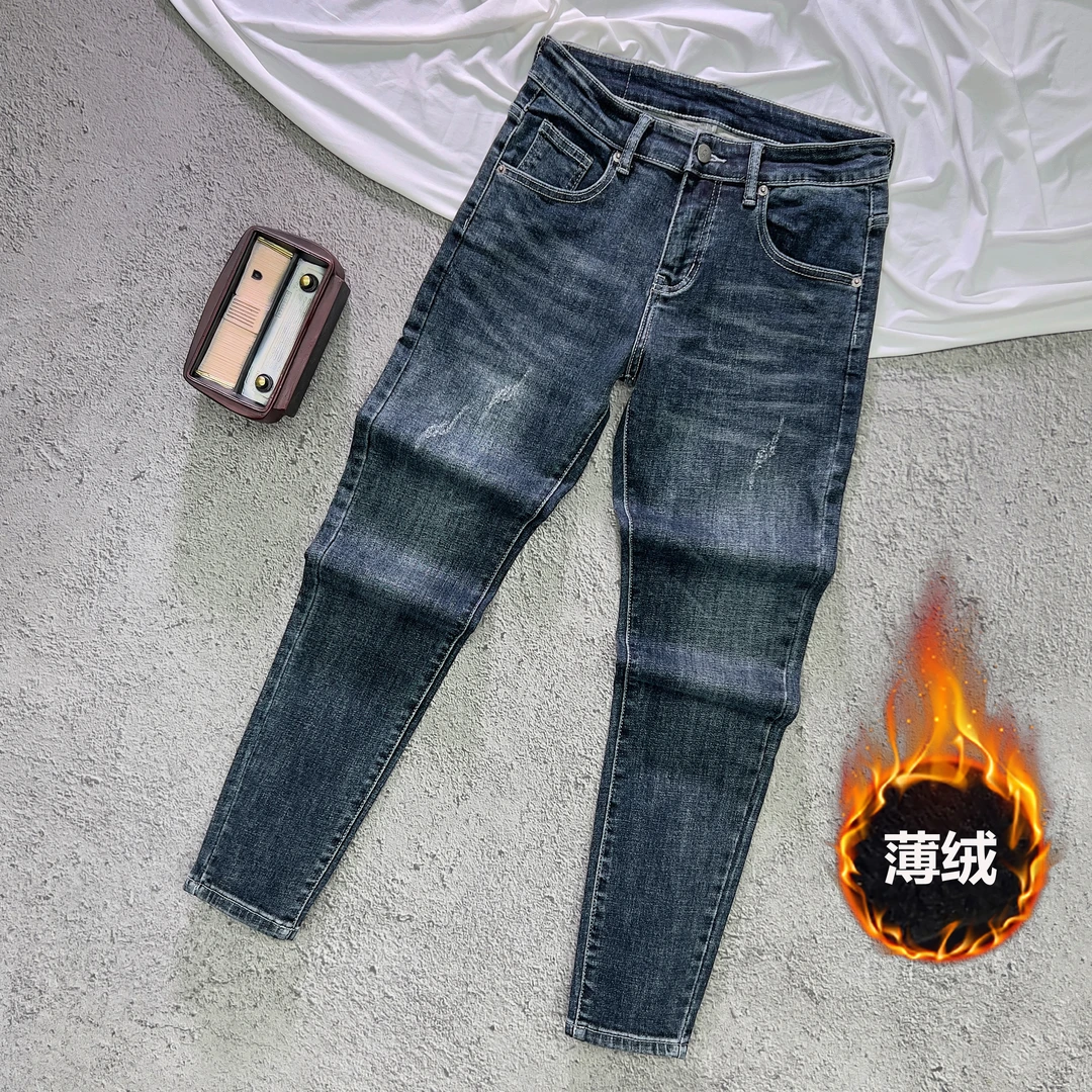 2025秋冬男款加绒牛仔裤复古弹力九分裤男士修身小脚潮流百搭长裤