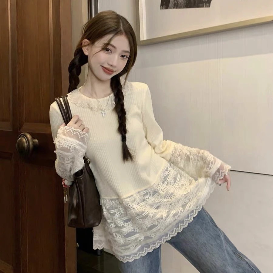 法式甜美少女蕾丝打底衫女春秋新款内搭外穿长袖小众拼接下摆上衣