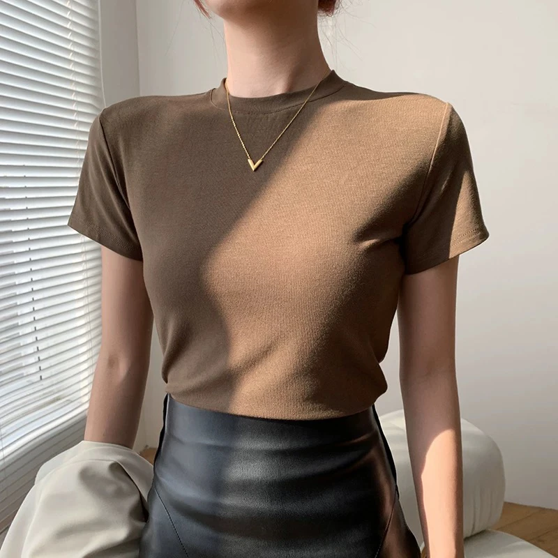 正肩短袖t恤女2025夏季新款百搭修身显瘦圆领上衣
