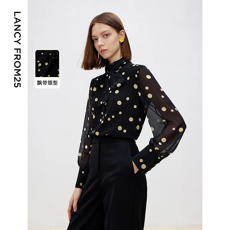 朗姿2025年春季新款黑色衬衣波点印花法式蝴蝶结领设计感气质衬衫
