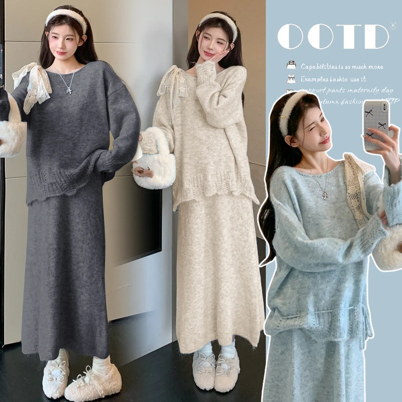 MIMI~孕妇装2025秋冬新款飘带针织长袖半身裙子休闲孕妇两件套装