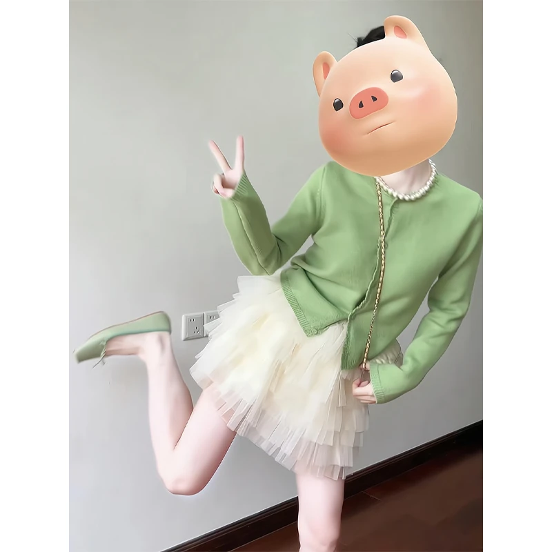 绿色花边针织开衫外套漂亮上衣蕾丝半身裙a字蛋糕裙短裙2025春夏