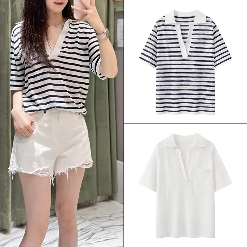 2247原单商场同款翻领法式宽松条纹V领轻薄针织衫短袖T恤