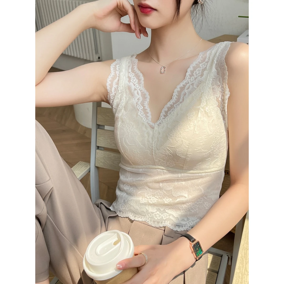 杏色蕾丝v领吊带背心女内搭夏季无袖短款打底带胸垫外穿上衣修身