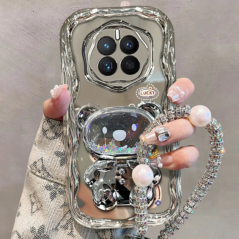 适用华为mate50手机壳pro高级银小富婆流沙镜子支架全包防摔女款