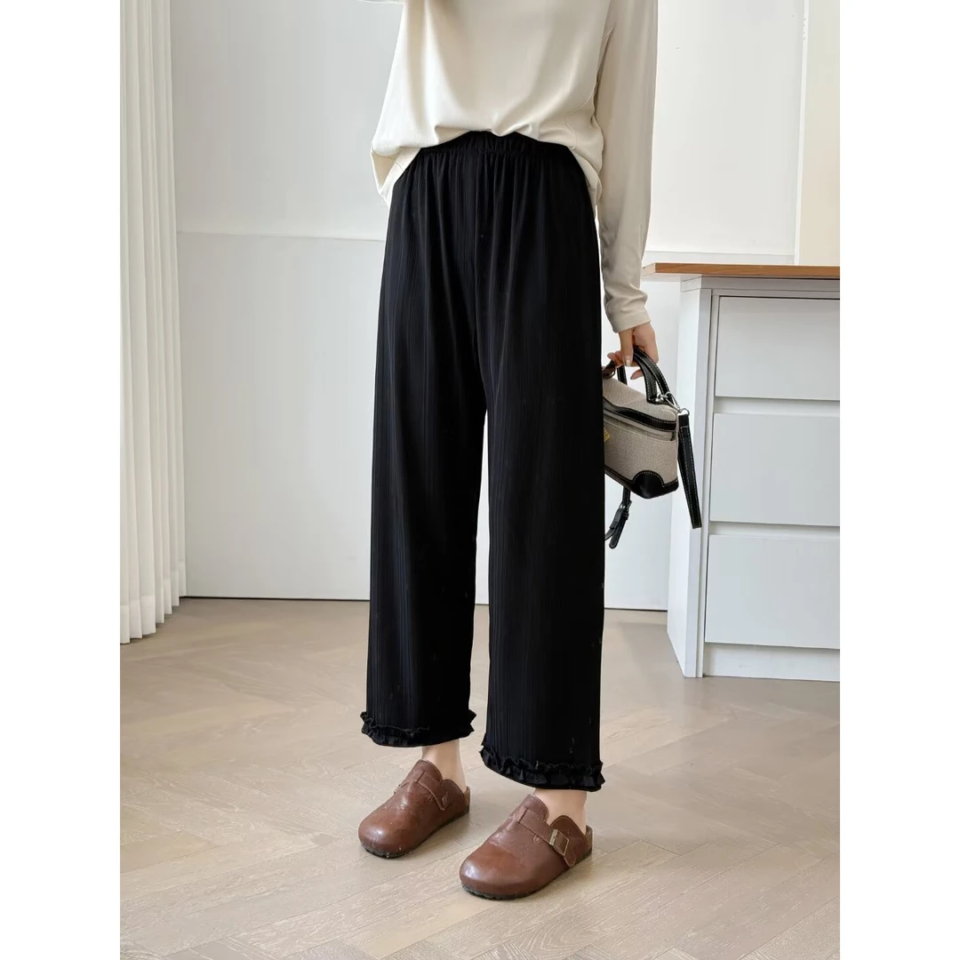 大码夏季新款花边直筒高腰高弹冰丝休闲裤2518