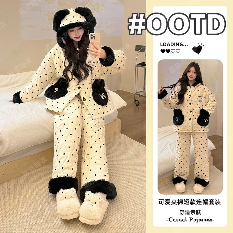 睡衣女三层夹棉2025年冬季新款连帽珊瑚绒加绒加厚家居服外穿套装