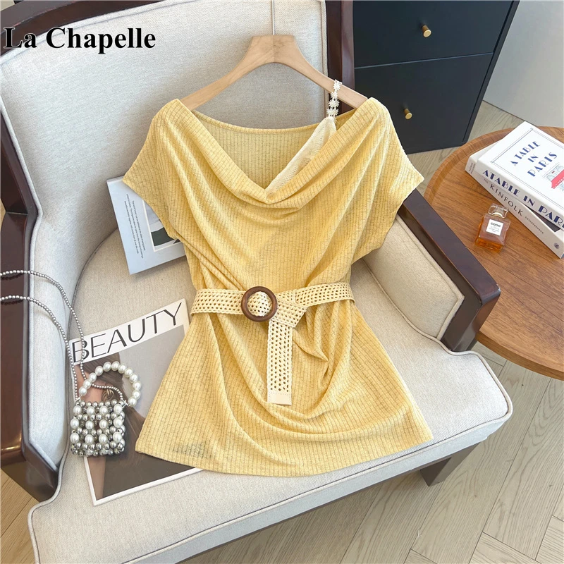 拉夏贝尔拼接蕾丝假两件荡领短袖女夏叠穿外搭配腰带收腰别致上衣