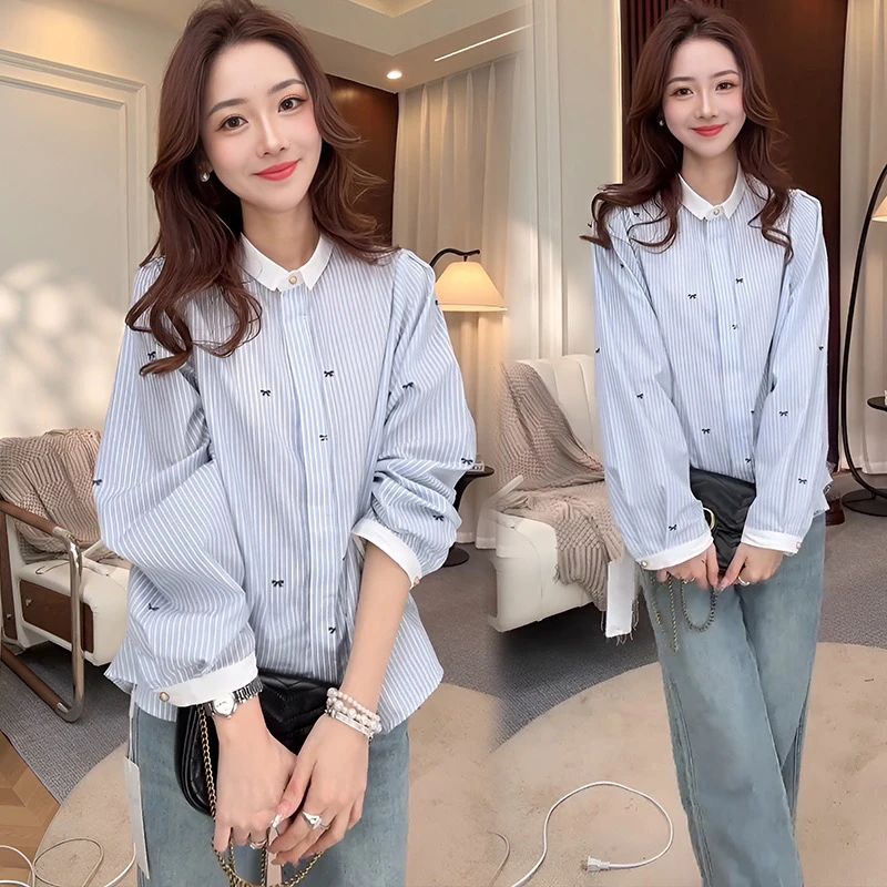 韩版蝴蝶结条纹撞色时尚衬衫女2025春秋洋气衬衣别致超小众上衣