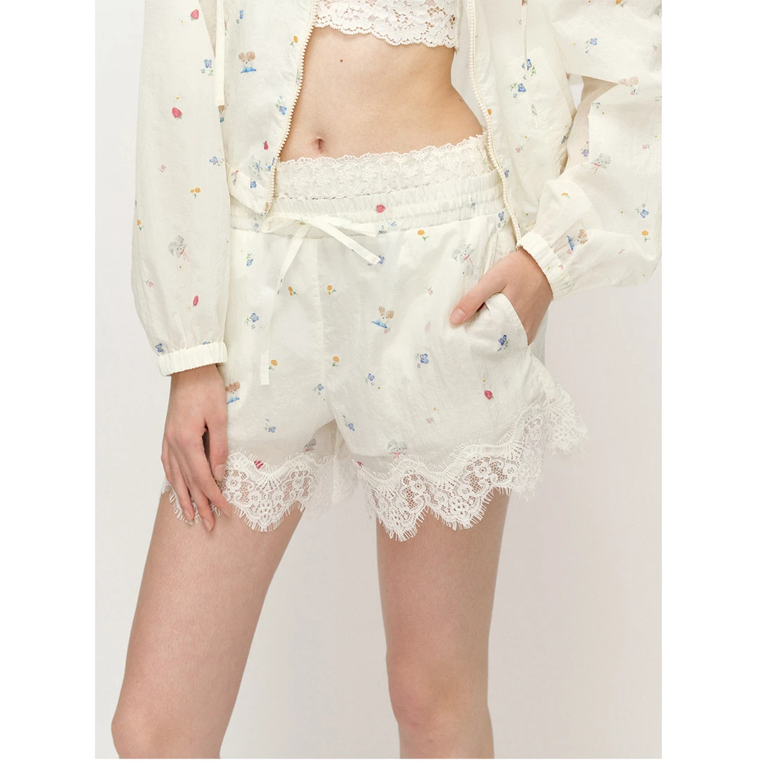 油画小狗蕾丝花边运动短裤女2025夏季宽松女士舒适裤子086