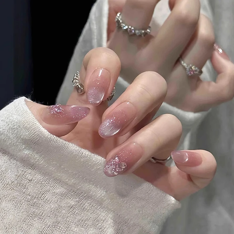2025年夏季爆闪猫眼指尖晕染镶钻纯手工穿戴甲高级感温柔美甲贴片