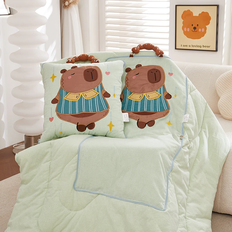 全棉水洗棉卡皮巴拉 四季两用夏被车载二合一折叠多功能抱枕被
