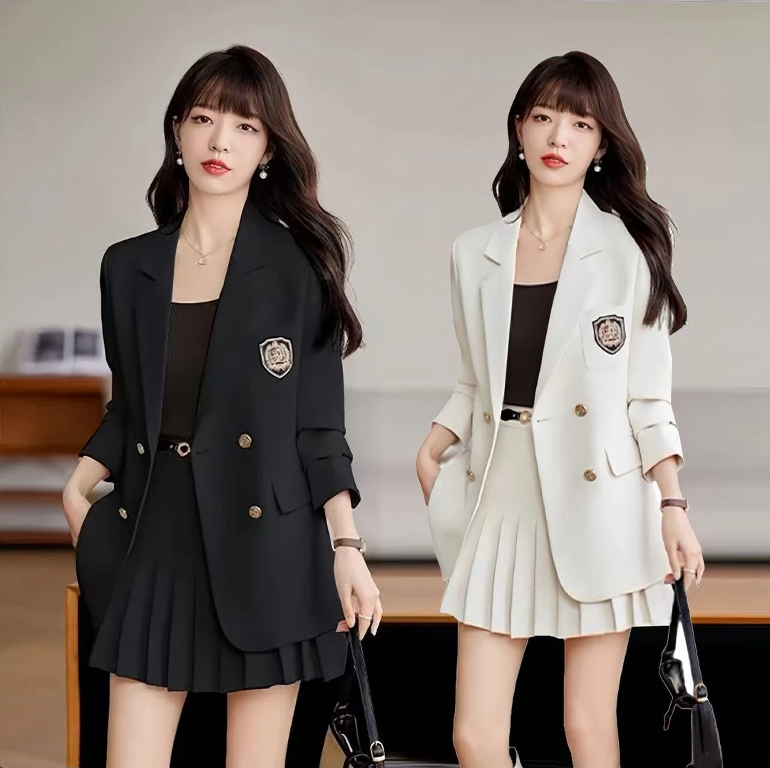 英伦学院风西装外套女春季2025新款高级感休闲炸街百褶裙西服套装