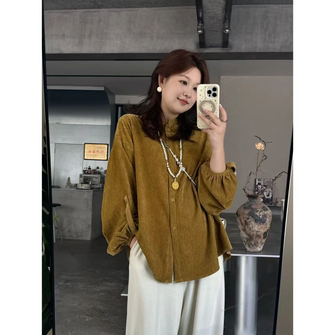 晶咕佳佳【杏花沉诗】圆领灯笼长袖落肩大衬衫时尚风格宽松复古百搭