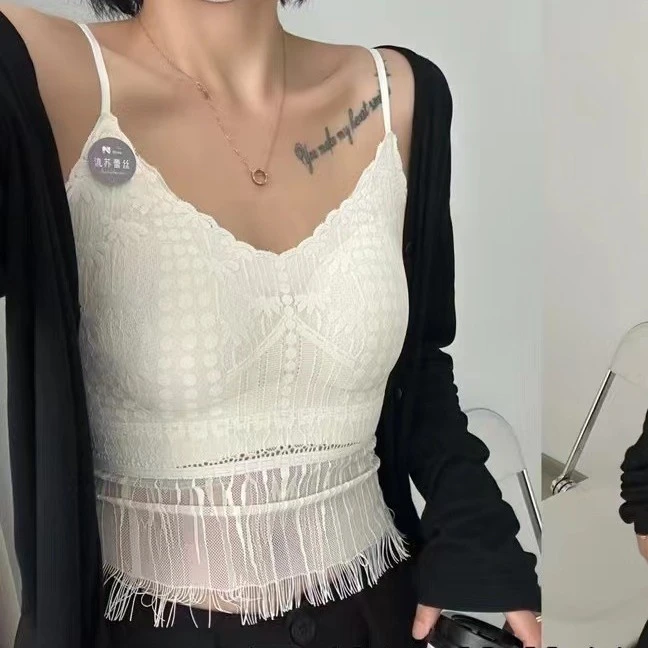 春夏轻奢纯欲蕾丝流苏吊带女短款一体固定杯美背聚拢内搭外穿背心