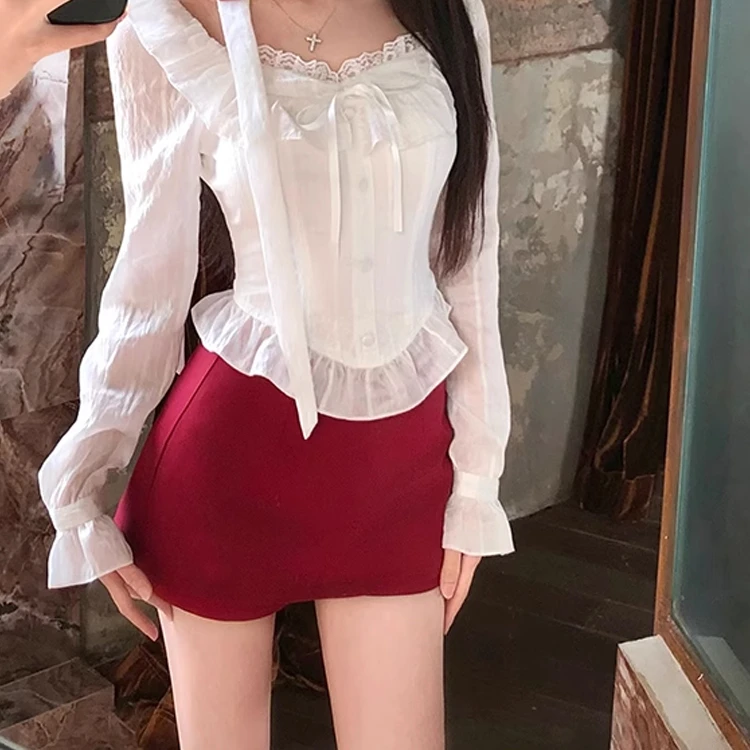 炽热红玫 气质时尚短款蕾丝衫女春季新款露肩性感上衣