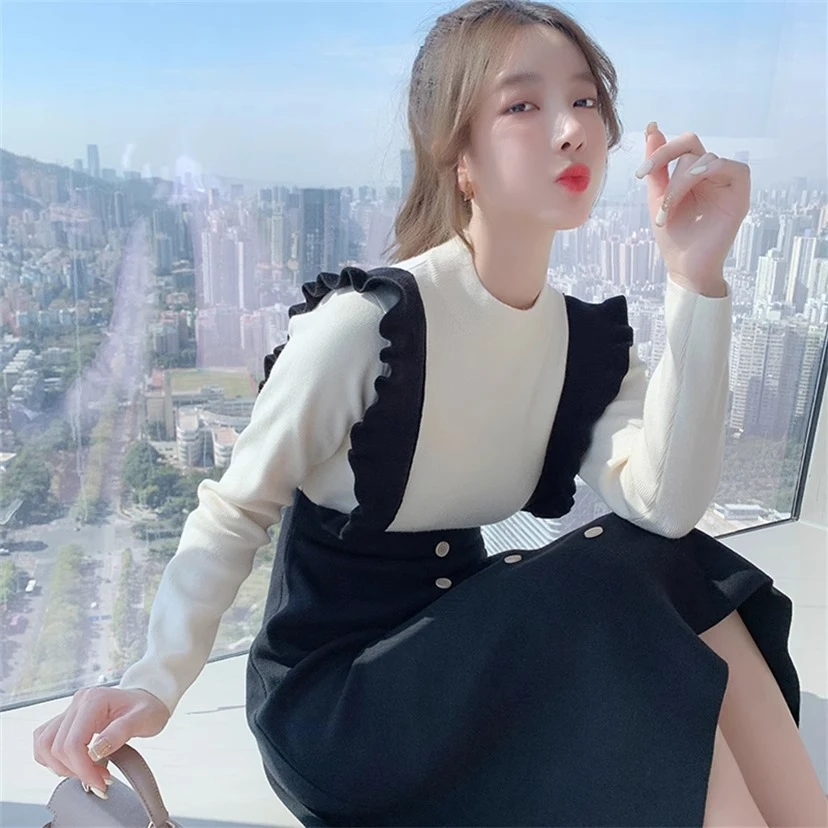 秋冬假两件针织连衣裙女小个子圆领修身气质长袖打底毛衣中长裙子