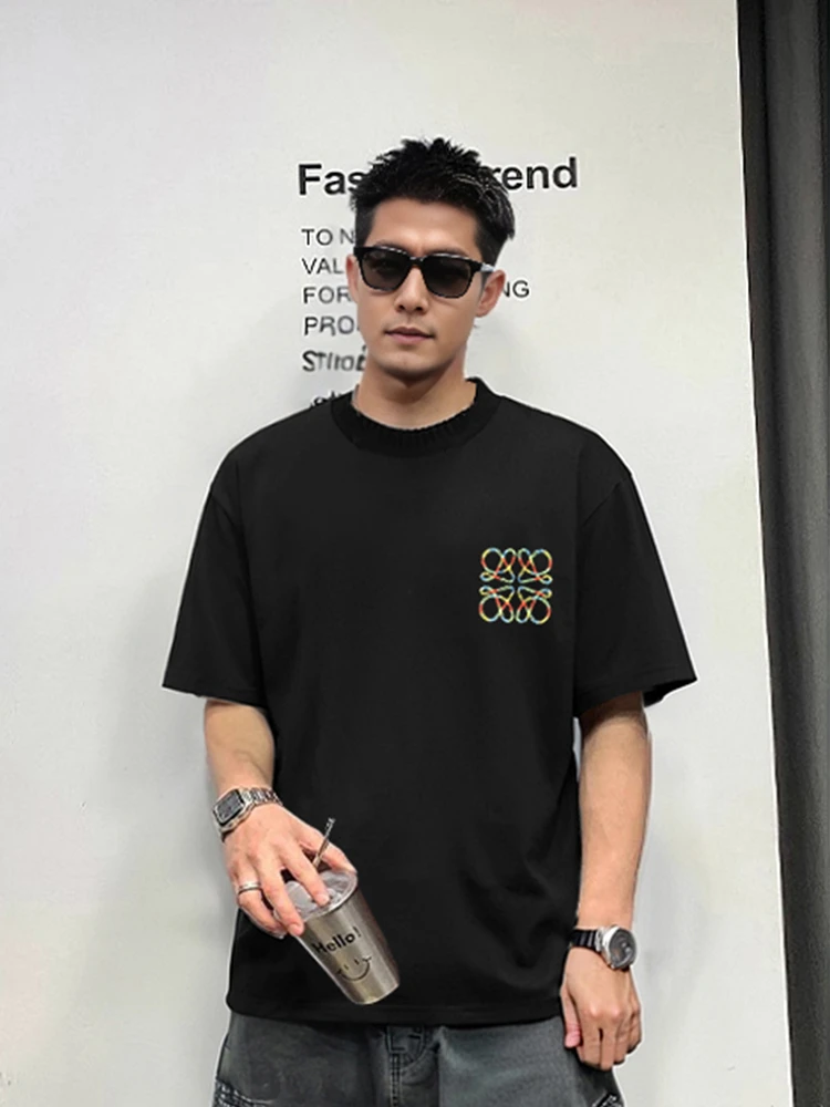 【轻奢男装39-彩红刺绣】T2107夏季新款时尚刺绣简约高街短袖男t恤