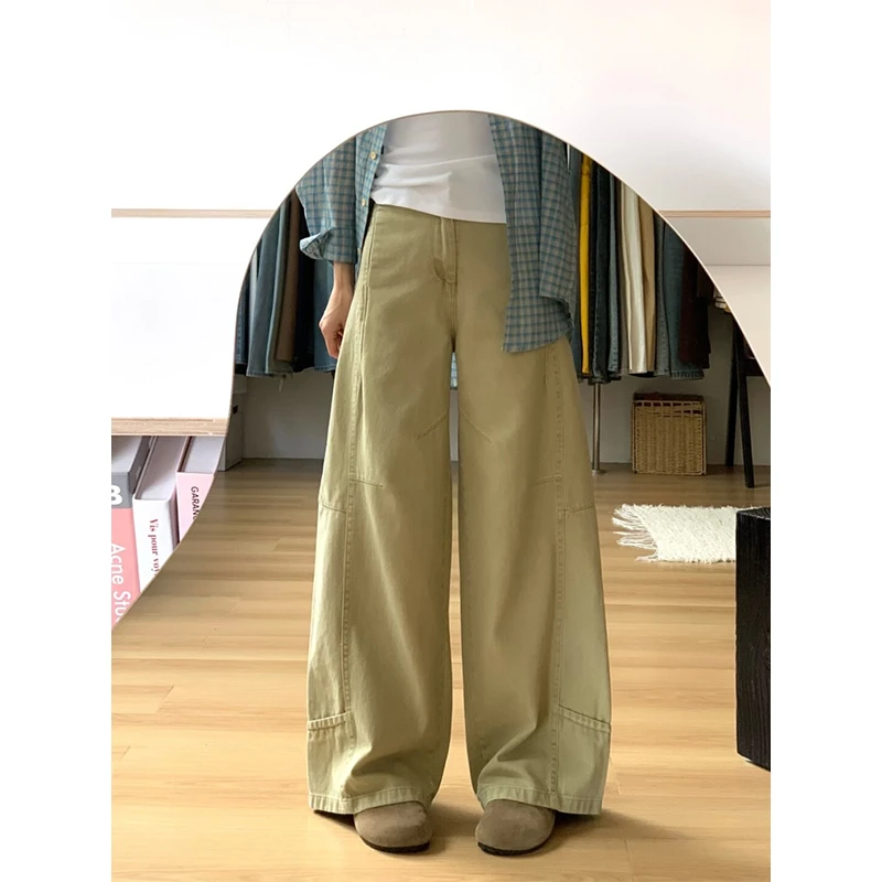 大码美式复古设计感阔腿牛仔裤女春季新款多结构宽松浅卡其拖地裤