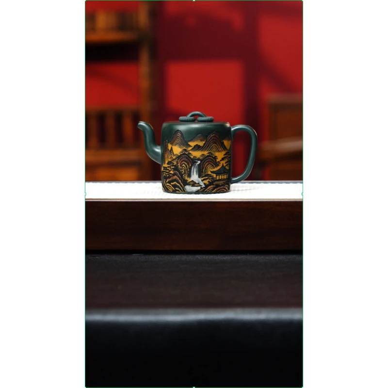 宜兴紫砂 彩刻双圈 绿泥 李雨瑶 h526