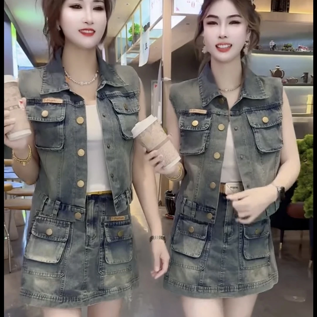 【马甲+裤衩裙】时尚套装女2025年牛仔套装两件套